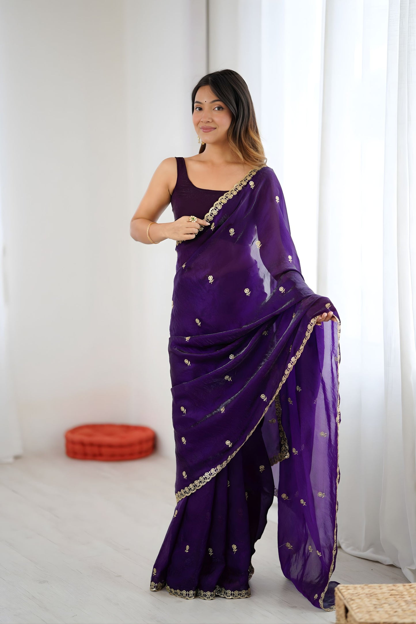 Stylish Purple Fendy Satin Saree Embroidery Work for Women