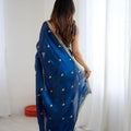 Royal Navy Blue Fendy Satin Saree Embroidery Work for Women