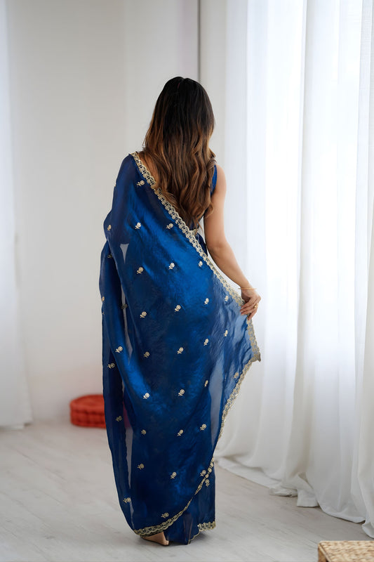 Royal Navy Blue Fendy Satin Saree Embroidery Work for Women