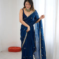 Royal Navy Blue Fendy Satin Saree Embroidery Work for Women