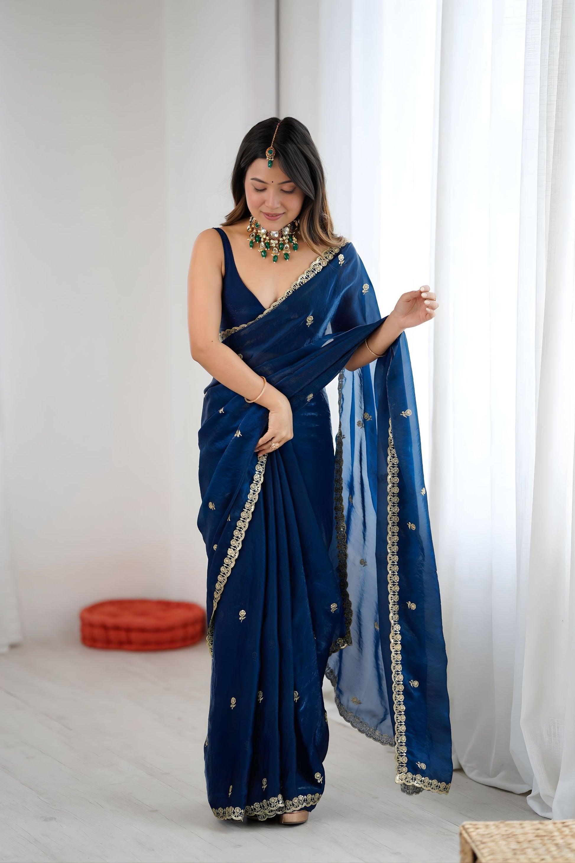 Royal Navy Blue Fendy Satin Saree Embroidery Work for Women