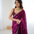 Amezing Wine Purple Fendy Satin Saree Embroidery Work for Women
