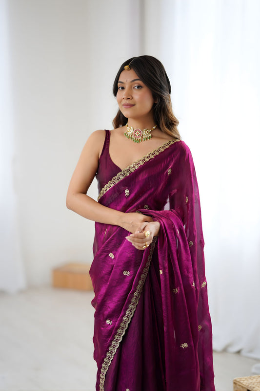 Amezing Wine Purple Fendy Satin Saree Embroidery Work for Women