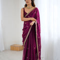 Amezing Wine Purple Fendy Satin Saree Embroidery Work for Women