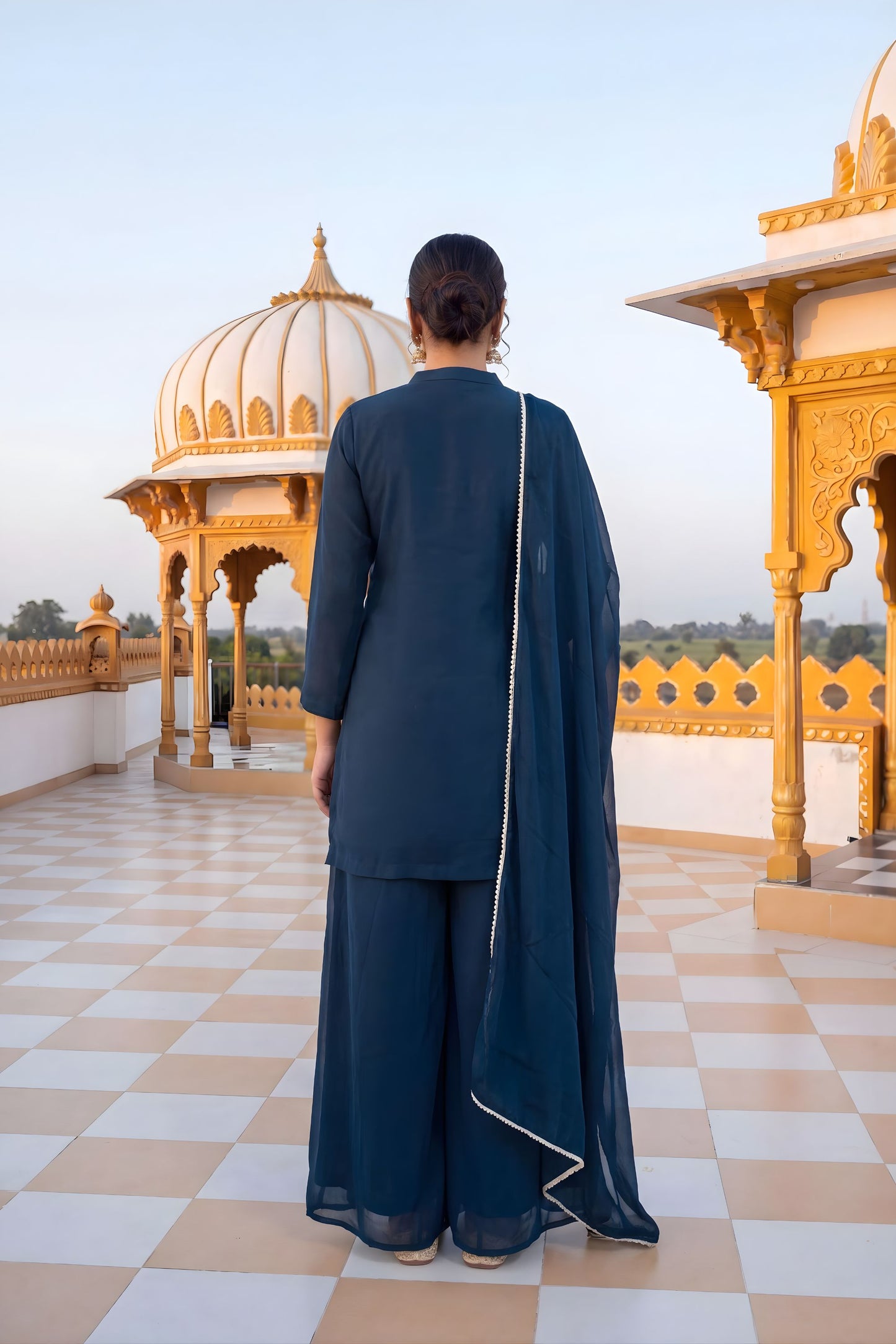 Elegant Navy Blue Chinon Palazzo Suit Heavy Embroidery Work Dupatta
