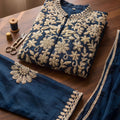Elegant Navy Blue Chinon Palazzo Suit Heavy Embroidery Work Dupatta