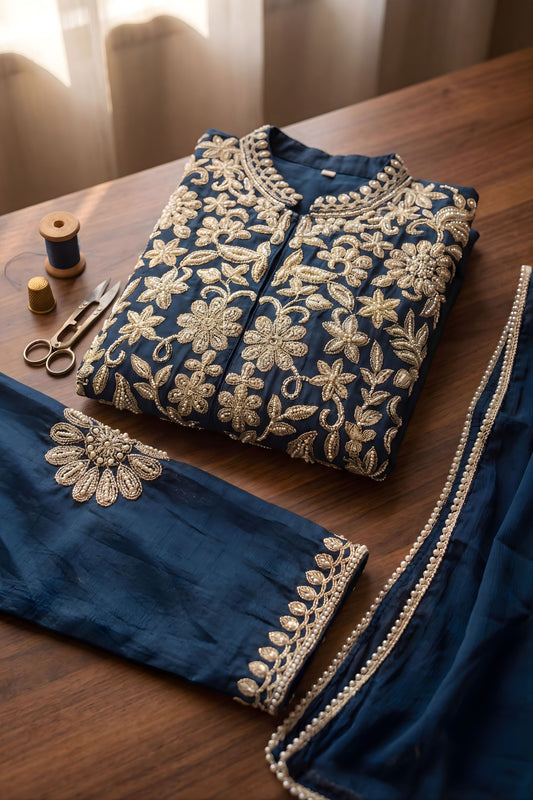 Elegant Navy Blue Chinon Palazzo Suit Heavy Embroidery Work Dupatta