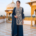 Elegant Navy Blue Chinon Palazzo Suit Heavy Embroidery Work Dupatta