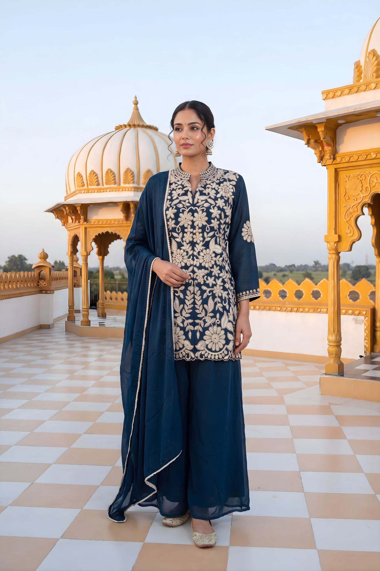 Elegant Navy Blue Chinon Palazzo Suit Heavy Embroidery Work Dupatta