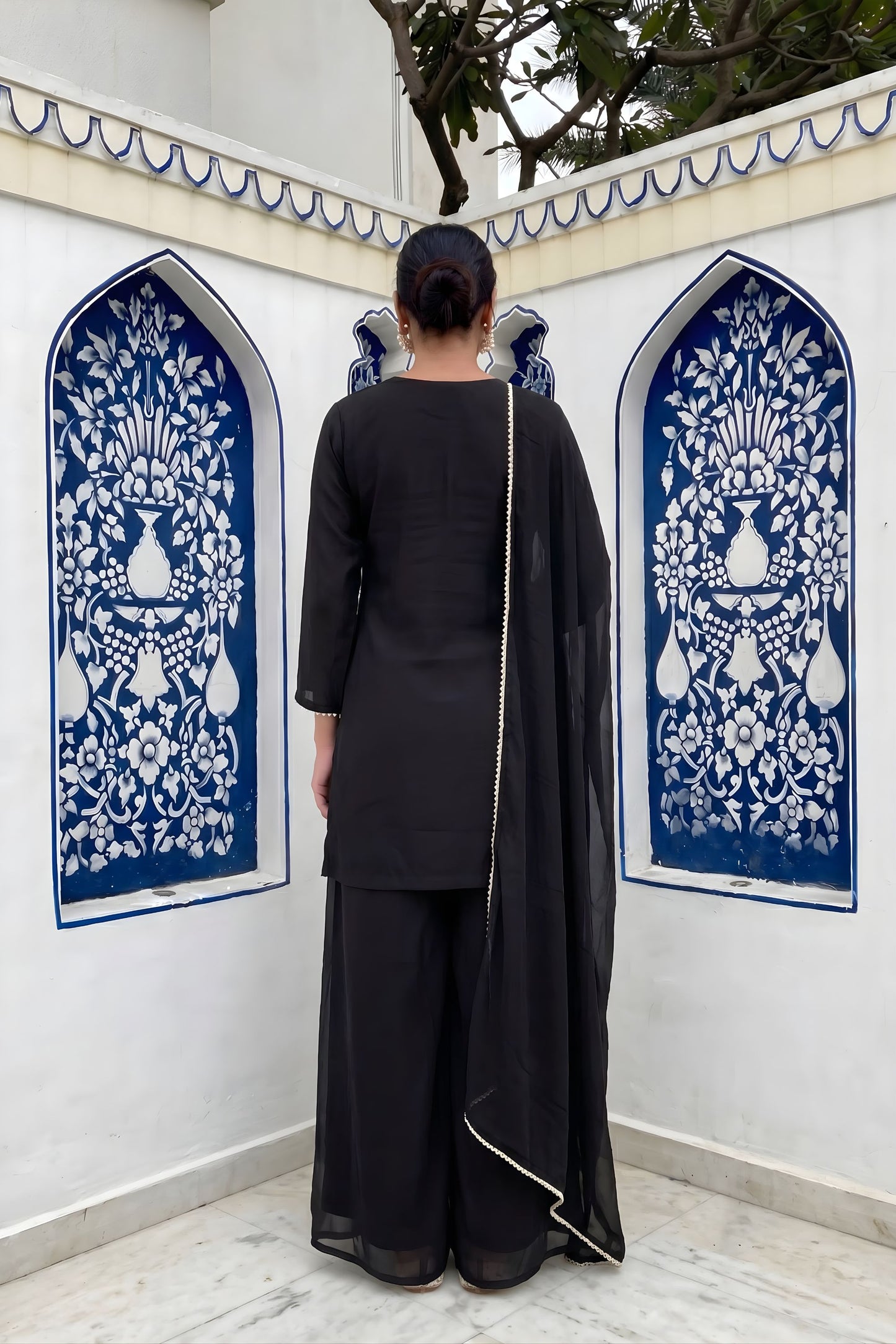 Premium Black Chinon Palazzo Suit Heavy Embroidery Work Dupatta