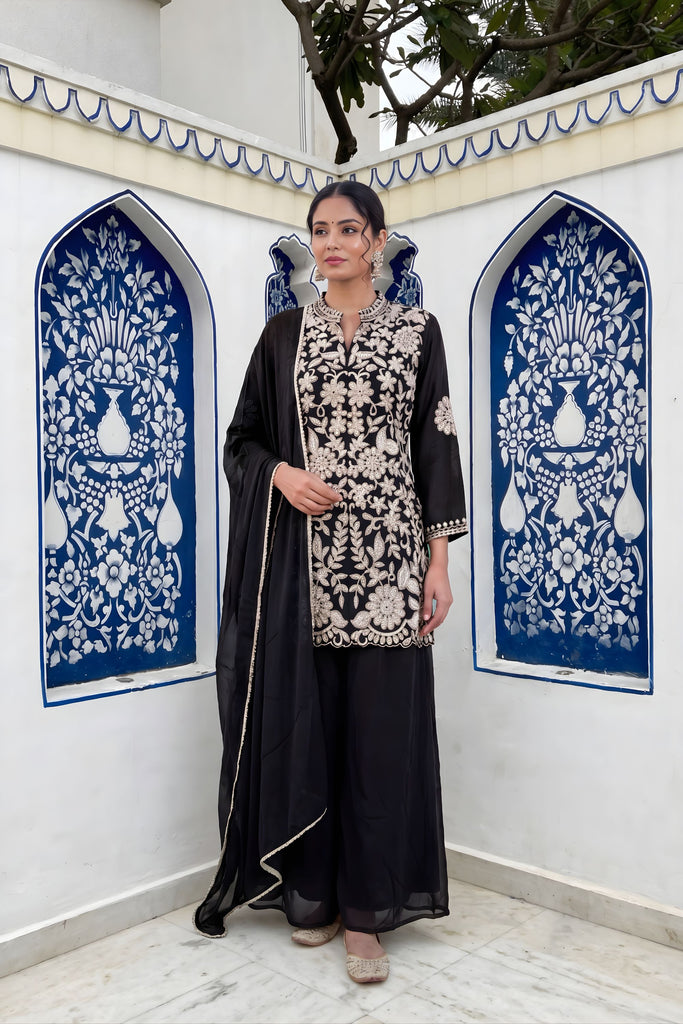 Premium Black Chinon Palazzo Suit Heavy Embroidery Work Dupatta
