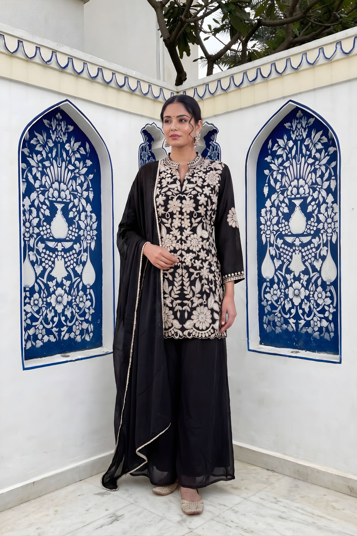 Premium Black Chinon Palazzo Suit Heavy Embroidery Work Dupatta
