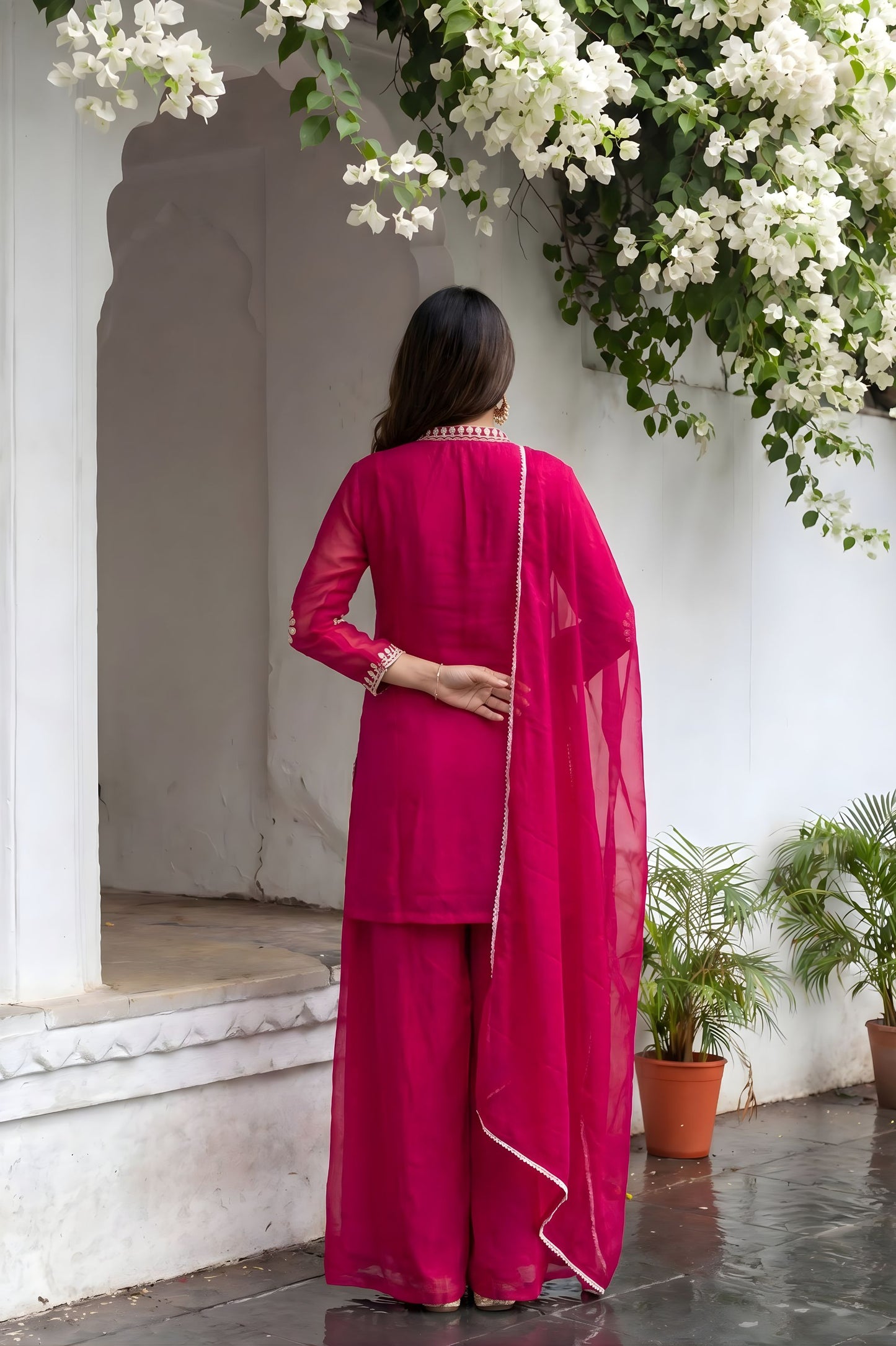 Beautiful Rani Pink Chinon Palazzo Suit Heavy Embroidery Work Dupatta