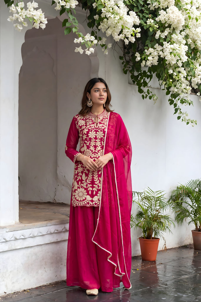 Beautiful Rani Pink Chinon Palazzo Suit Heavy Embroidery Work Dupatta