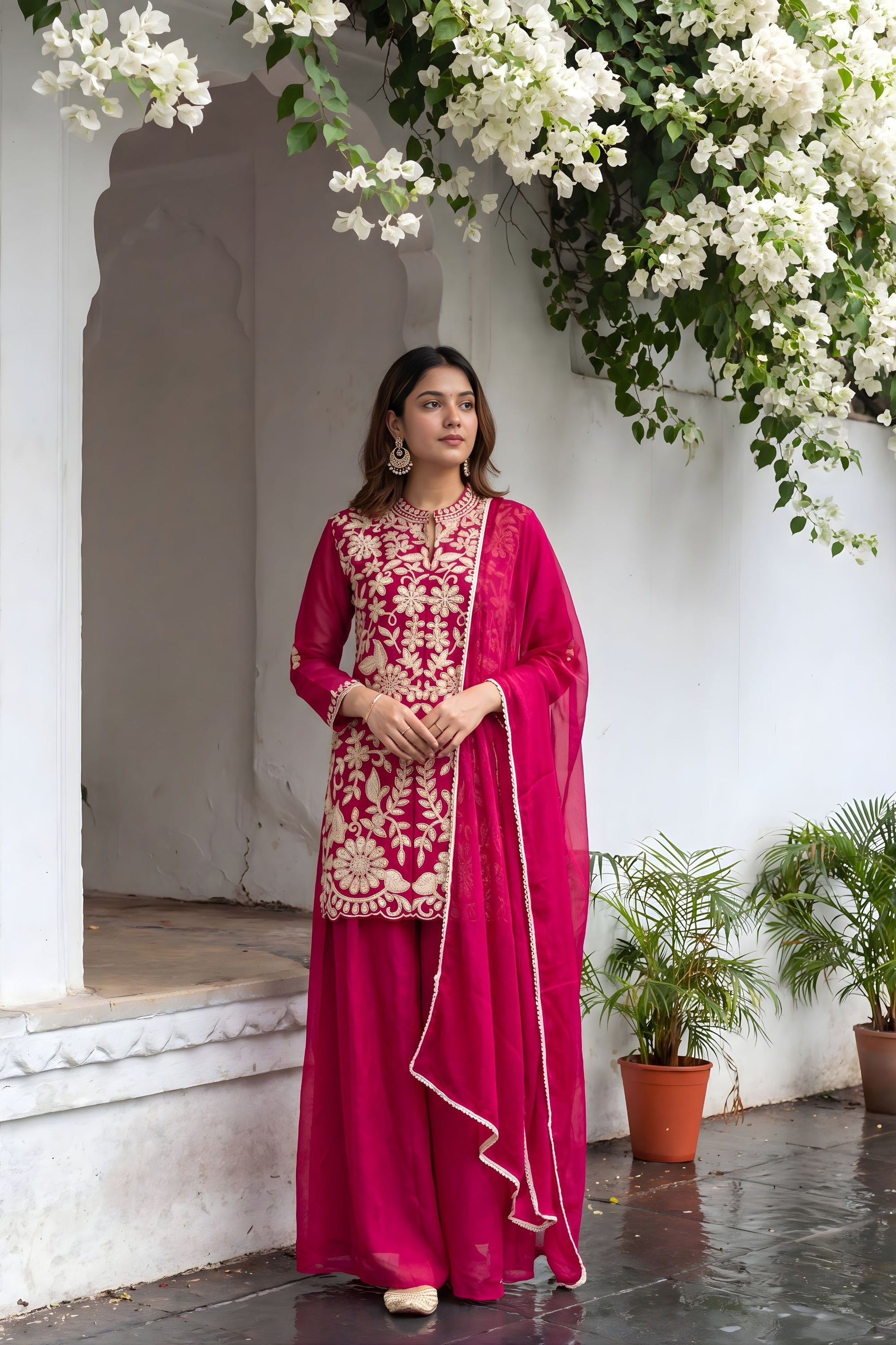 Beautiful Rani Pink Chinon Palazzo Suit Heavy Embroidery Work Dupatta