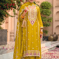 Stylish Mustard Yellow Organza Chiffon Palazzo Suit Heavy Embroidery Work Dupatta