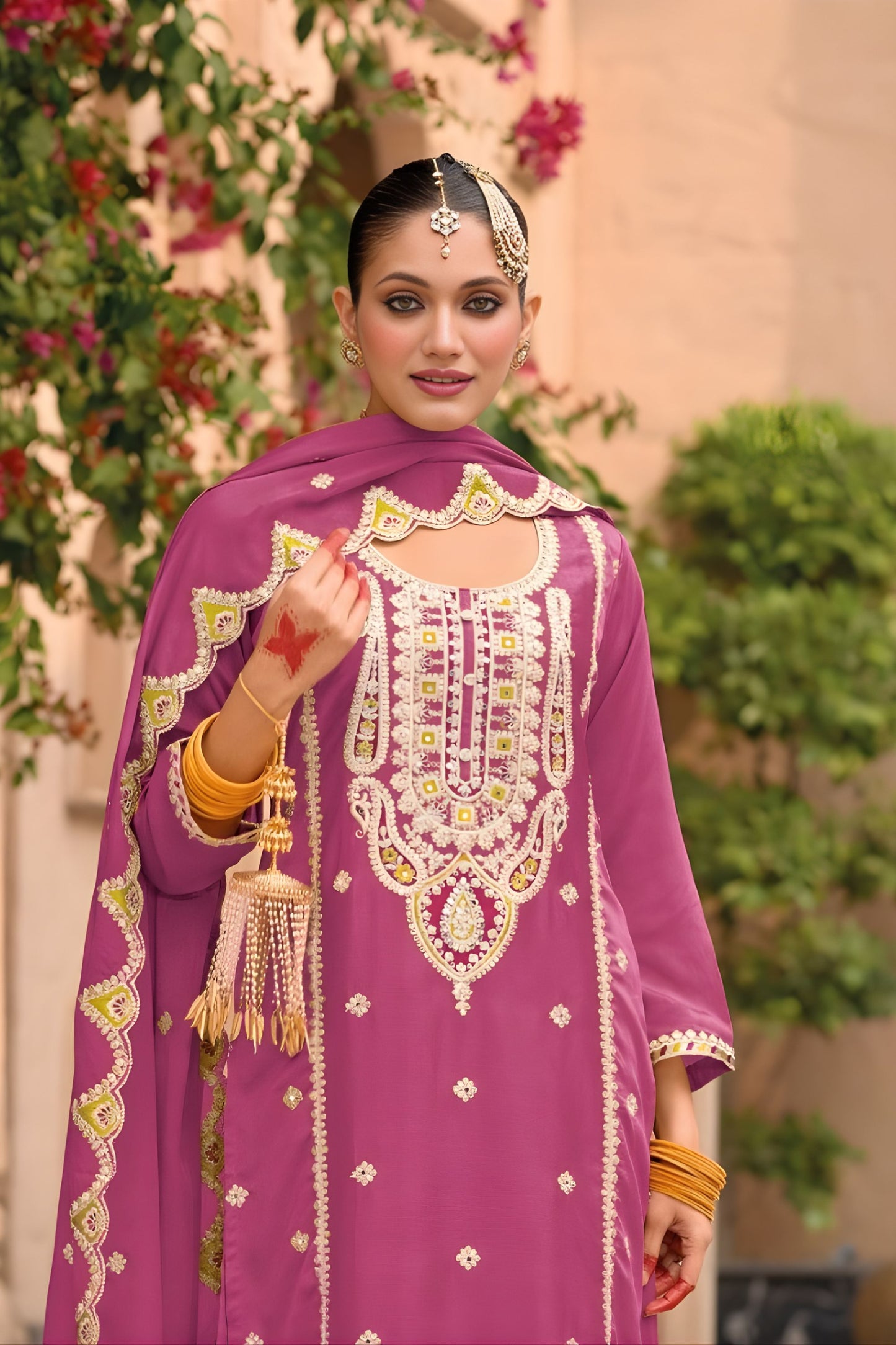 Premium Mauve Organza Chiffon Palazzo Suit Heavy Embroidery Work Dupatta