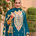Royal Teal Blue Organza Chiffon Palazzo Suit Heavy Embroidery Work Dupatta