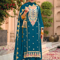 Royal Teal Blue Organza Chiffon Palazzo Suit Heavy Embroidery Work Dupatta