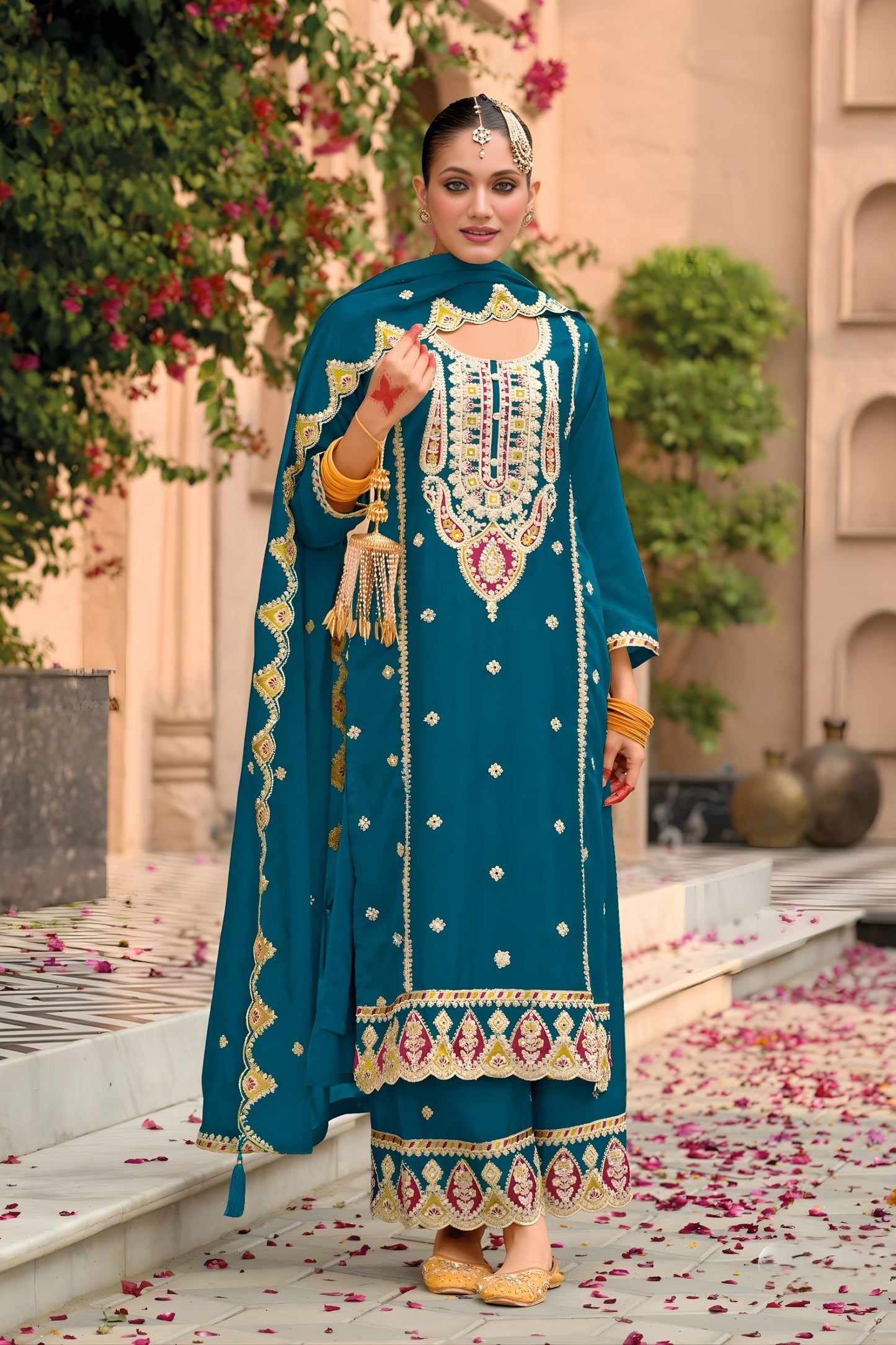 Royal Teal Blue Organza Chiffon Palazzo Suit Heavy Embroidery Work Dupatta