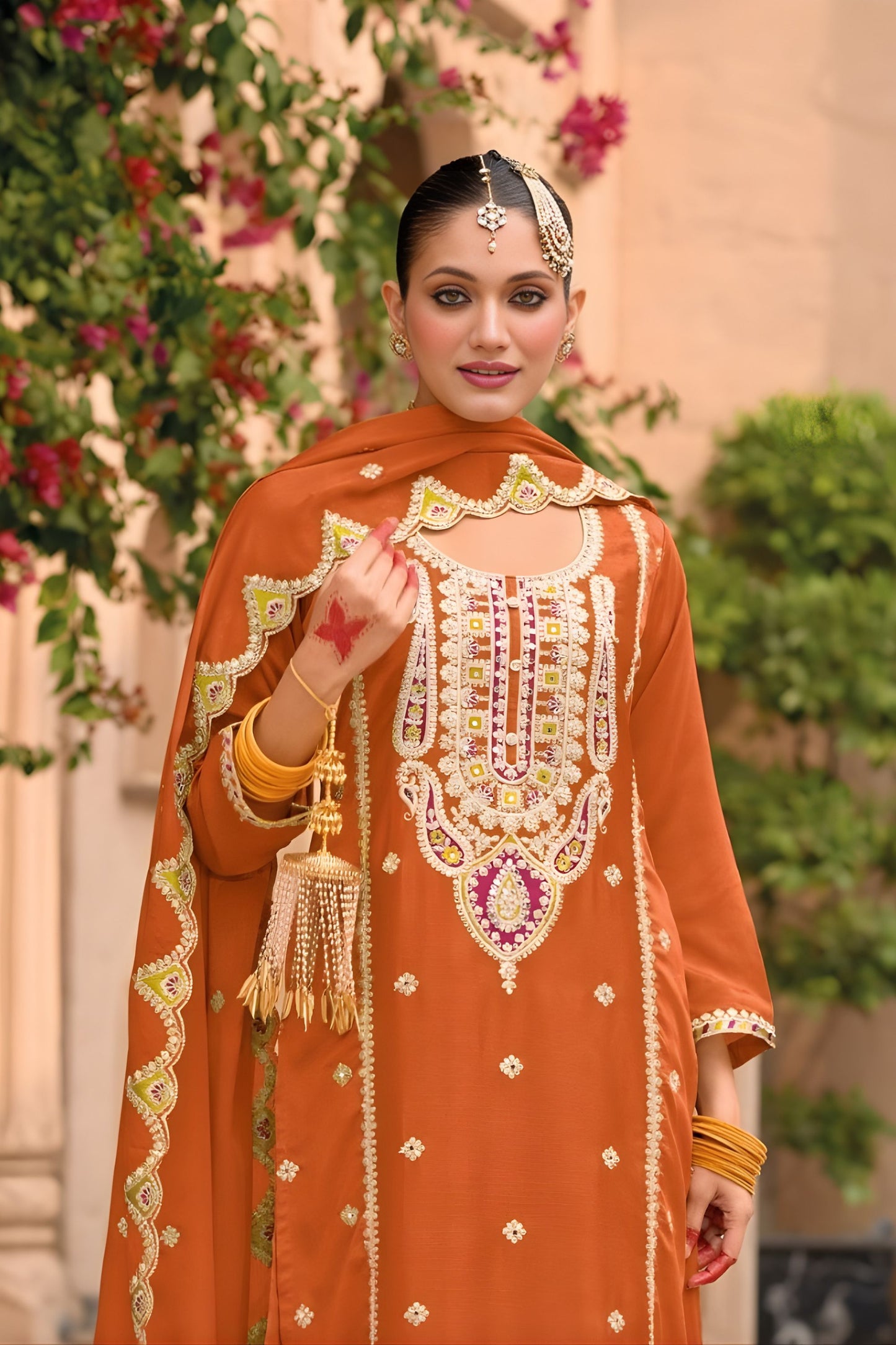 Stylish Rust Orange Organza Chiffon Palazzo Suit Heavy Embroidery Work Dupatta