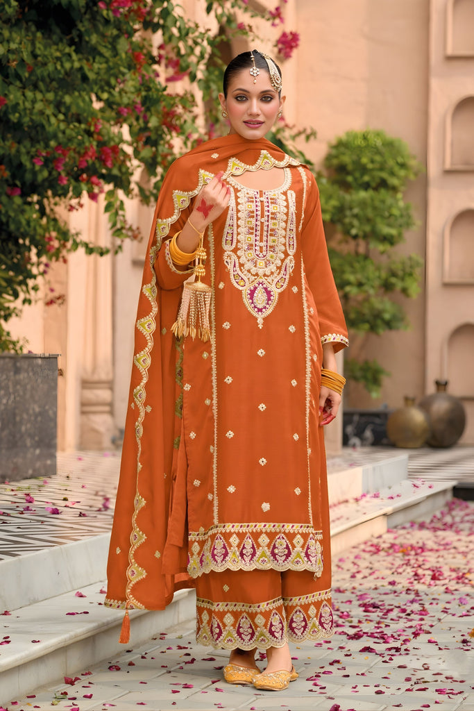 Stylish Rust Orange Organza Chiffon Palazzo Suit Heavy Embroidery Work Dupatta