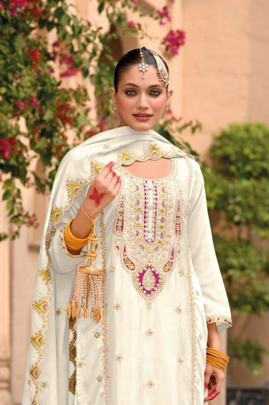 Elegant Off White Organza Chiffon Palazzo Suit Heavy Embroidery Work Dupatta