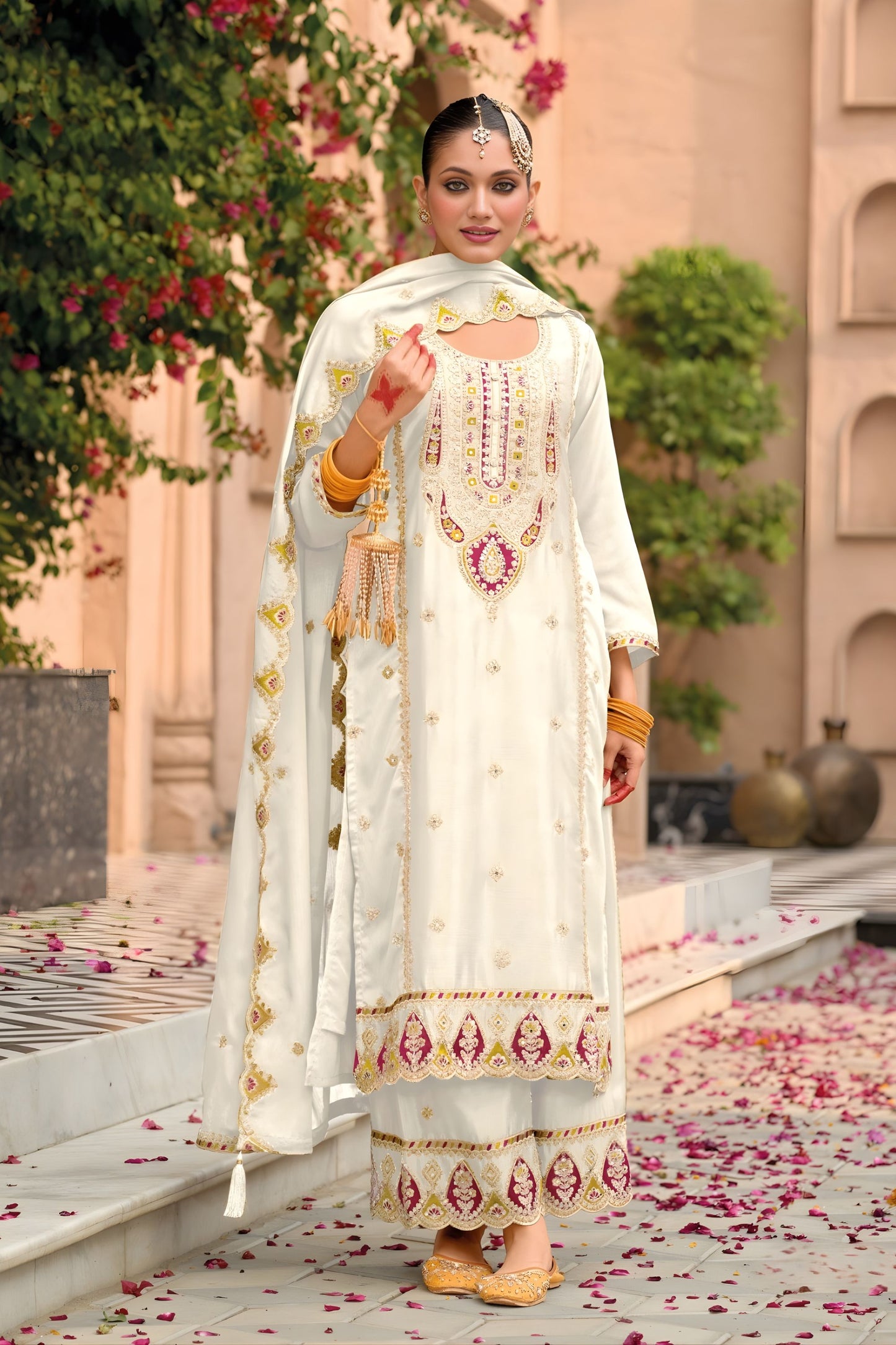 Elegant Off White Organza Chiffon Palazzo Suit Heavy Embroidery Work Dupatta