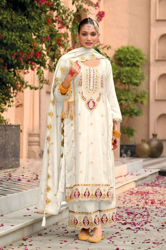 Elegant Off White Organza Chiffon Palazzo Suit Heavy Embroidery Work Dupatta