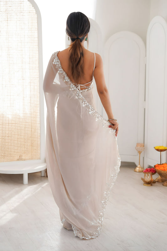 Elegant Cream Chiffon Saree Sequin Beads Work for Wedding