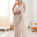 Elegant Cream Chiffon Saree Sequin Beads Work for Wedding