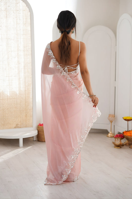 Beautiful Baby Pink Chiffon Saree Sequin Beads Work for Wedding