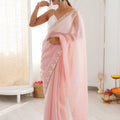 Beautiful Baby Pink Chiffon Saree Sequin Beads Work for Wedding