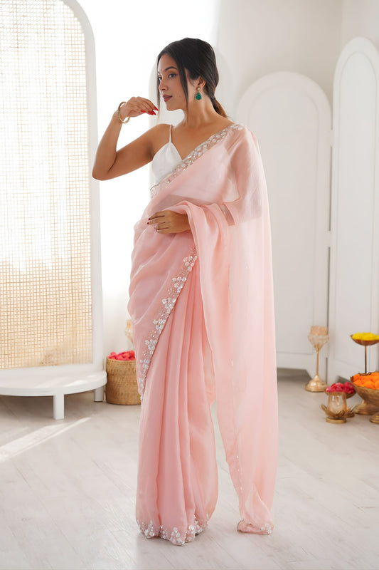 Beautiful Baby Pink Chiffon Saree Sequin Beads Work for Wedding