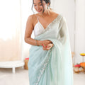 Gracefull Mint Green Chiffon Saree Sequin Beads Work for Wedding