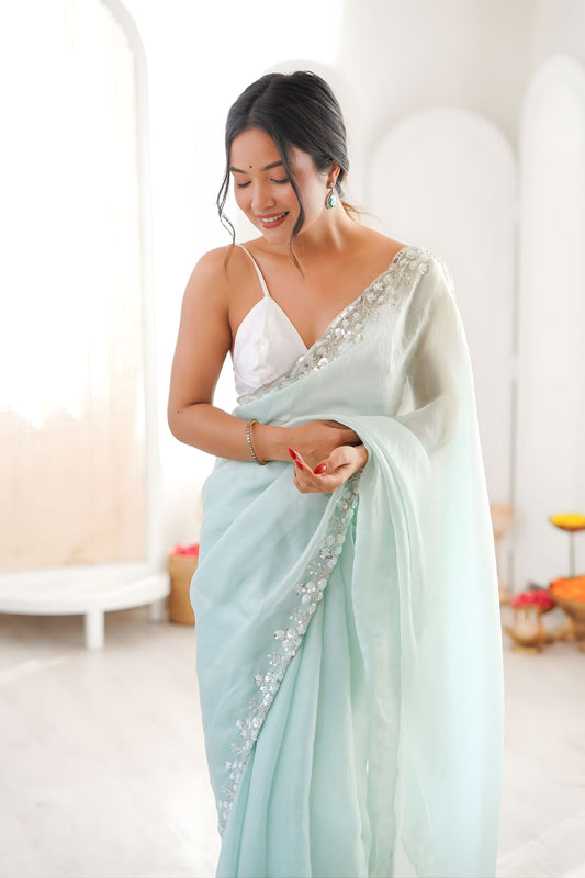 Gracefull Mint Green Chiffon Saree Sequin Beads Work for Wedding