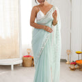 Gracefull Mint Green Chiffon Saree Sequin Beads Work for Wedding