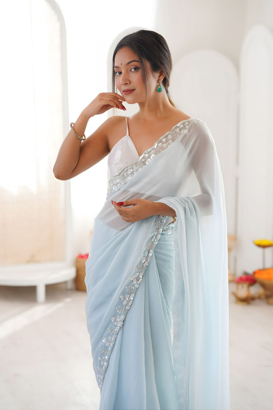 Royal Sky Blue Chiffon Saree Sequin Beads Work for Wedding