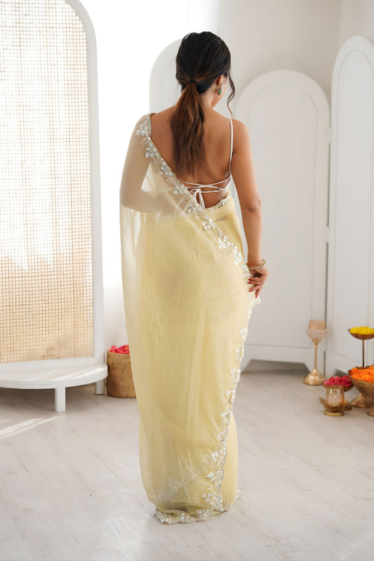 Stylish Lemon Yellow Chiffon Saree Sequin Beads Work For Wedding