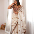 Luxury Off White Fendy Satin Sequin Embroidery Work Saree for Wedding
