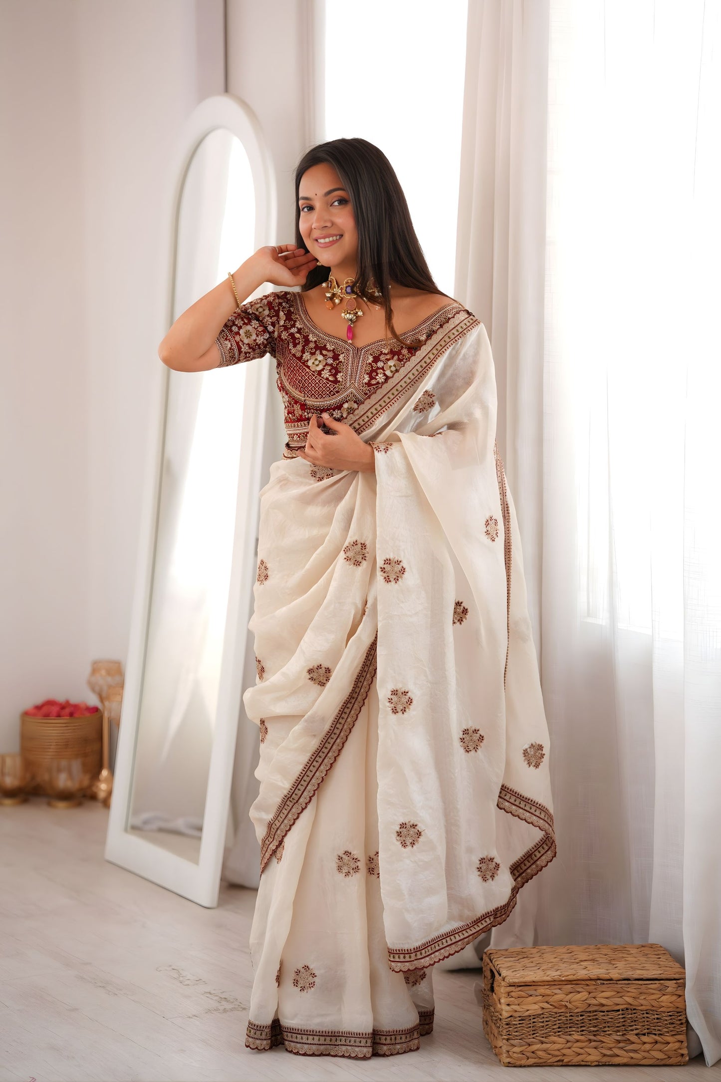 Luxury Off White Fendy Satin Sequin Embroidery Work Saree for Wedding