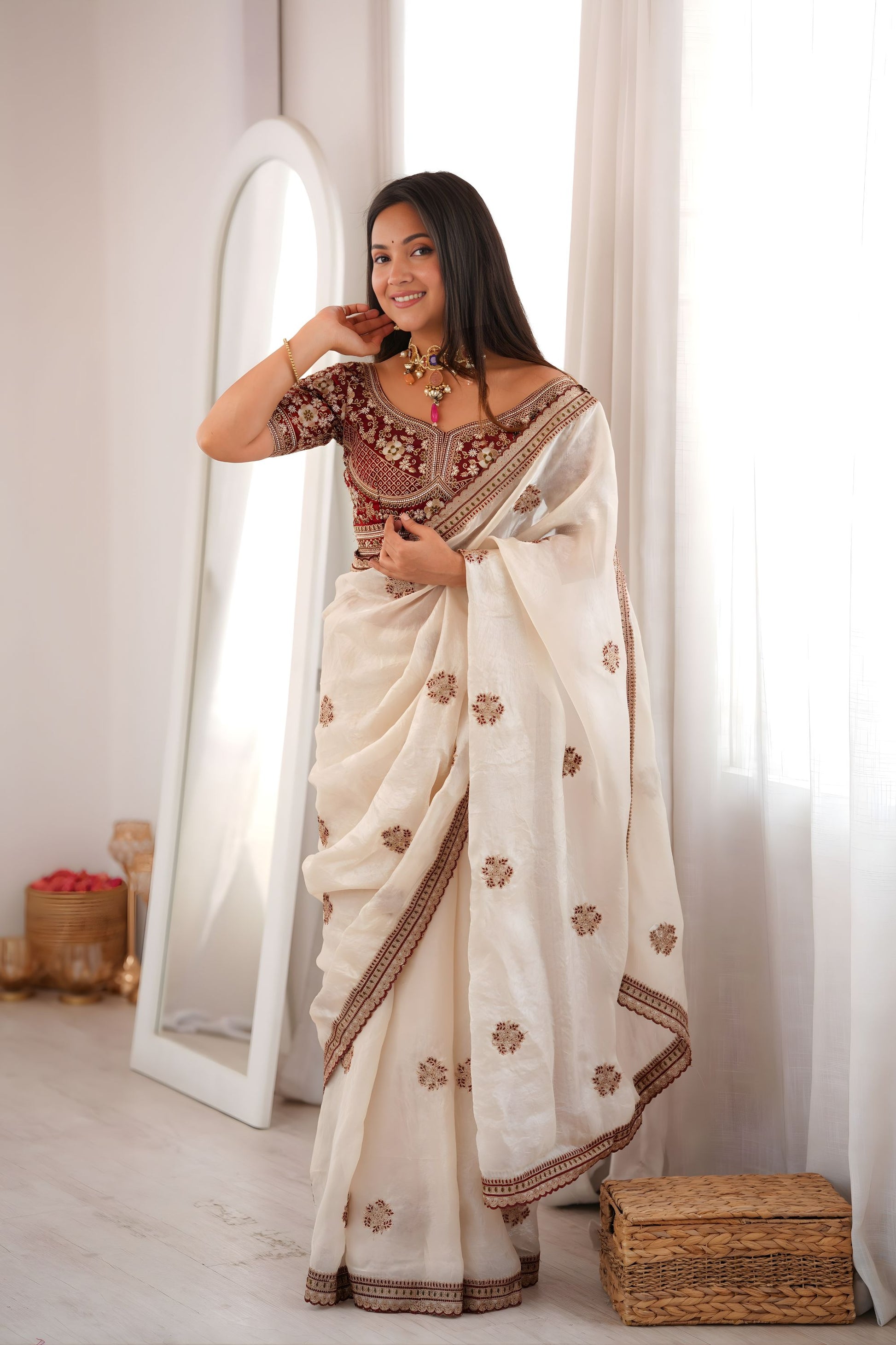 Luxury Off White Fendy Satin Sequin Embroidery Work Saree for Wedding