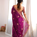 Premium Wine Fendy Satin Sequin Embroidery Work Saree for Wedding