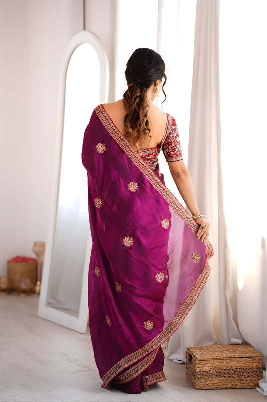 Premium Wine Fendy Satin Sequin Embroidery Work Saree for Wedding