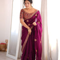 Premium Wine Fendy Satin Sequin Embroidery Work Saree for Wedding
