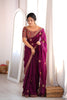 Premium Wine Fendy Satin Sequin Embroidery Work Saree for Wedding