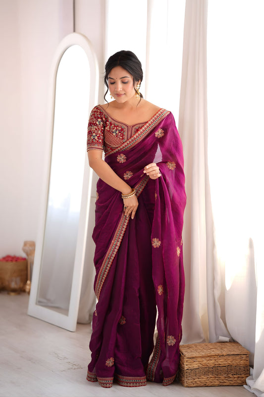 Premium Wine Fendy Satin Sequin Embroidery Work Saree for Wedding