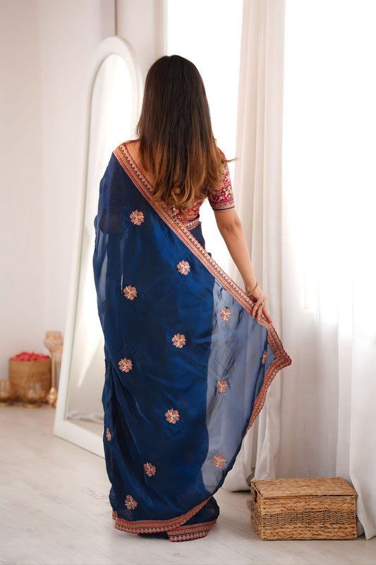 Royal Navy Blue Fendy Satin Sequin Embroidery Work Saree for Wedding