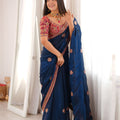 Royal Navy Blue Fendy Satin Sequin Embroidery Work Saree for Wedding