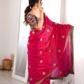 Beautiful Rani Pink Fendy Satin Sequin Embroidery Work Saree for Wedding